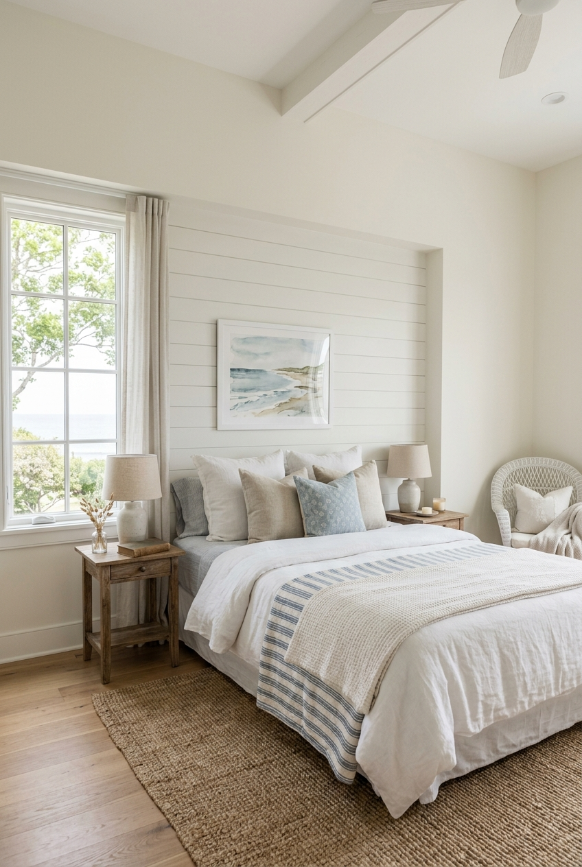 Coastal bedroom with linen textures, pale wood, and soft natural light