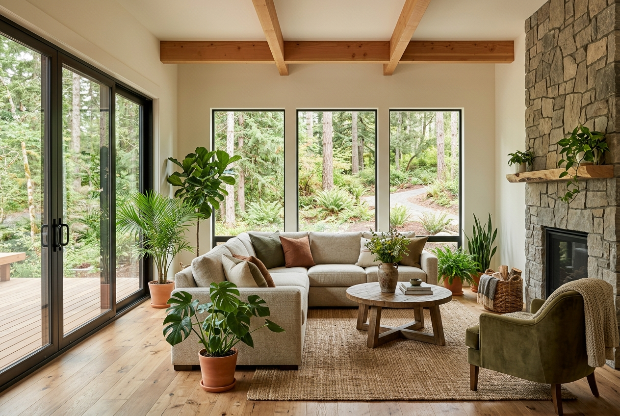 Biophilic family room with layered greenery, daylight, and natural textures