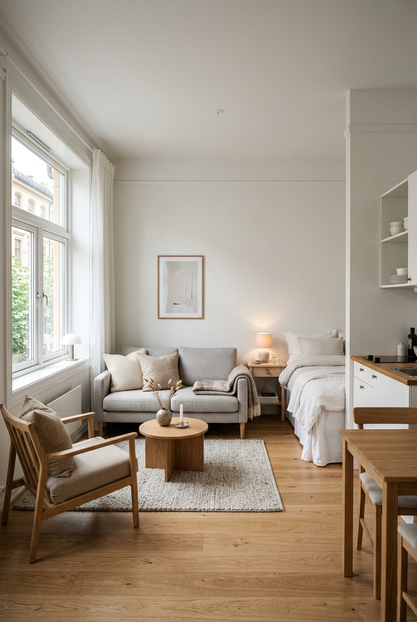 Scandinavian studio with soft light, efficient zoning, and calm neutral finishes