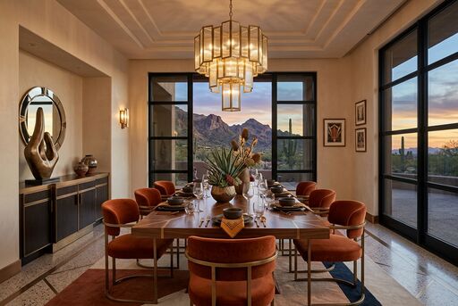 Art deco dining room with bronze finishes, sculpted lighting, and desert warmth