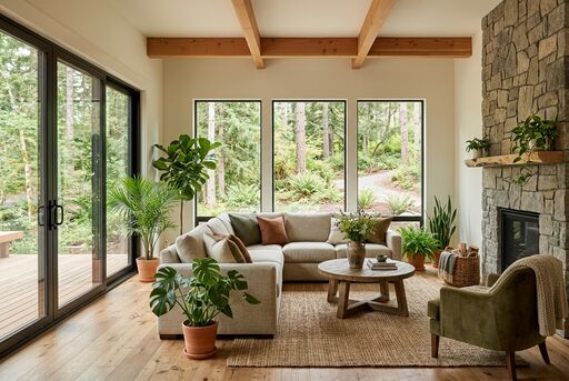 Biophilic family room with layered greenery, daylight, and natural textures