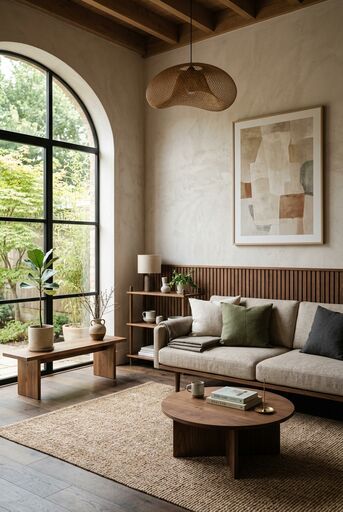 Japandi living room with walnut wood, low seating, and gallery-like calm