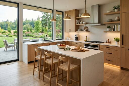 Modern kitchen with warm lighting, crisp cabinetry, and clean staged styling