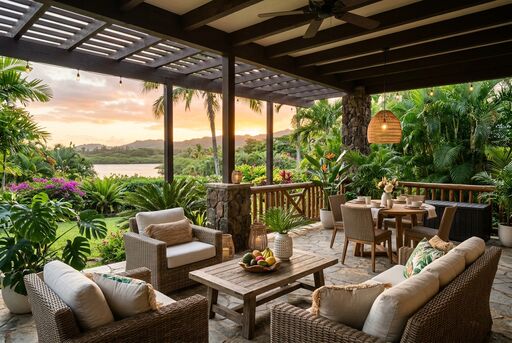 Tropical patio at sunset with relaxed seating and warm evening light