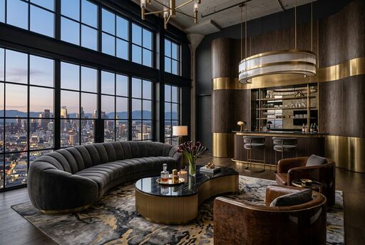 Hollywood glam penthouse lounge with smoky tones, curves, and polished finishes