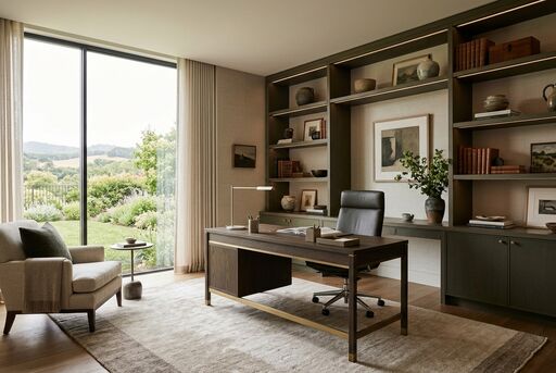 Quiet luxury home office with tailored shelving and refined natural finishes