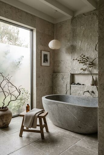 Zen bathroom with stone finishes, soft contrast, and spa-like calm