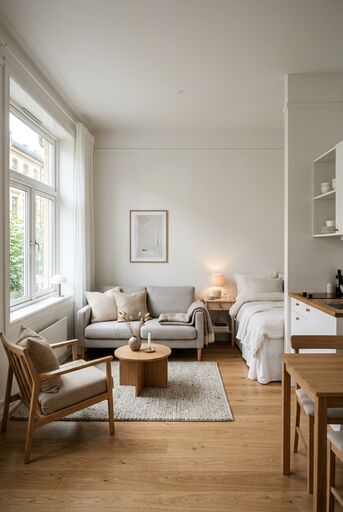 Scandinavian studio with soft light, efficient zoning, and calm neutral finishes