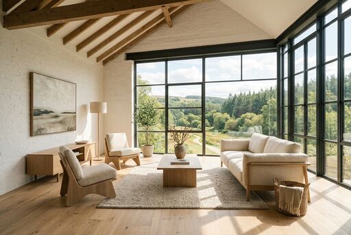 Sunlit minimal loft interior with pale oak finishes and soft daylight